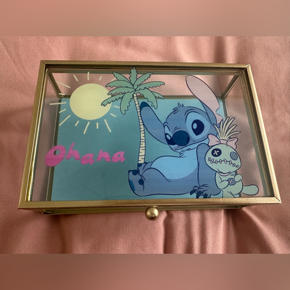 Disney Lilo & Stitch Hawaii Glass Jewelry Box, gold edging with blue interior